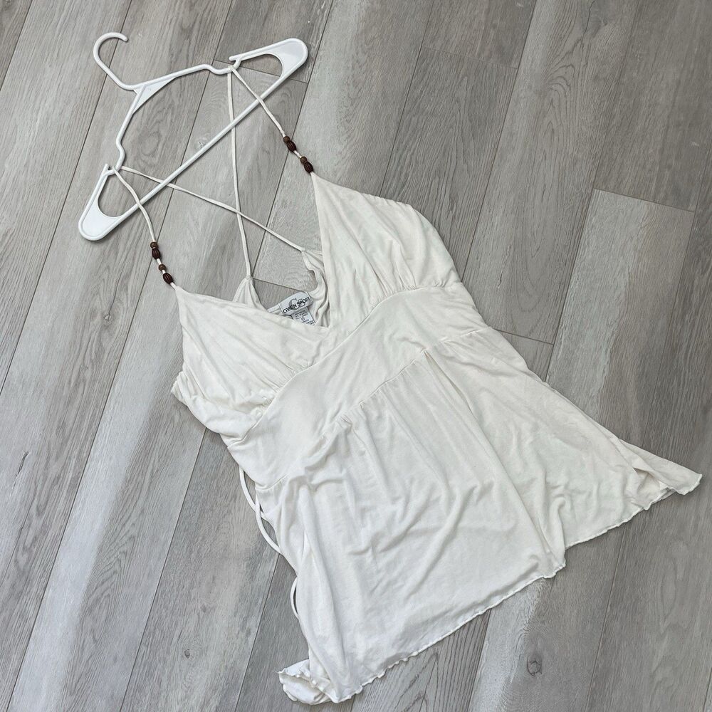 Vintage Bohemian Tank Top halter racerback womens Cream (size 2x) y2k festival